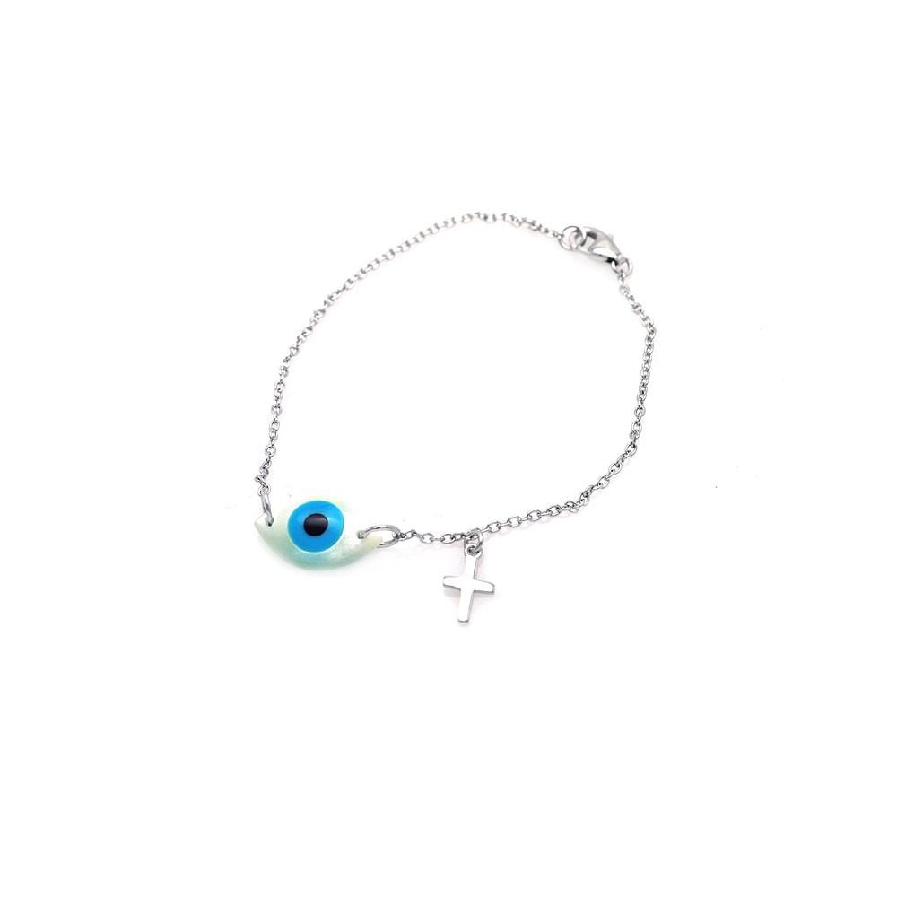 Sterling Silver Bracelet with Evil Eye and Small Side Cross