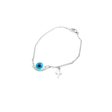 Load image into Gallery viewer, Sterling Silver Bracelet with Evil Eye and Small Side Cross
