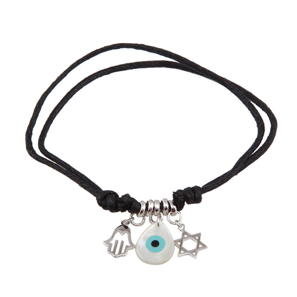 Black Cord Bracelet with Multi Sterling Silver  Charms (Hasma HandAnd Star of David and Evil Eye)
