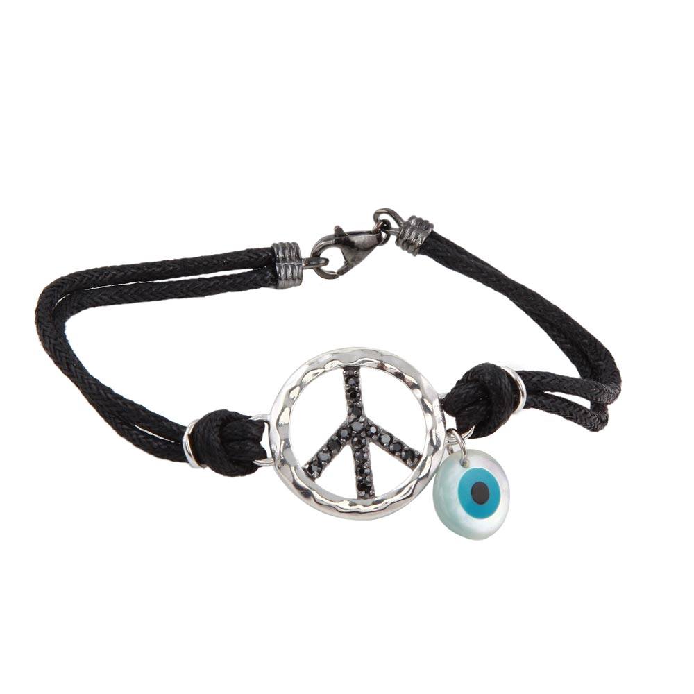 Black Cord Bracelet with Sterling Silver Peace Sign Paved with Black CZ and Side Evil Eye Charm