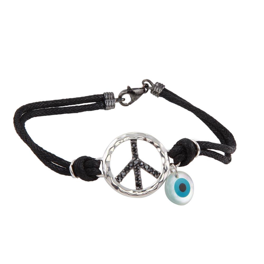 Black Cord Bracelet with Sterling Silver Peace Sign Paved with Black Simulated Diamonds and Side Evil Eye Charm