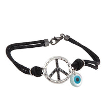 Load image into Gallery viewer, Black Cord Bracelet with Sterling Silver Peace Sign Paved with Black Simulated Diamonds and Side Evil Eye Charm