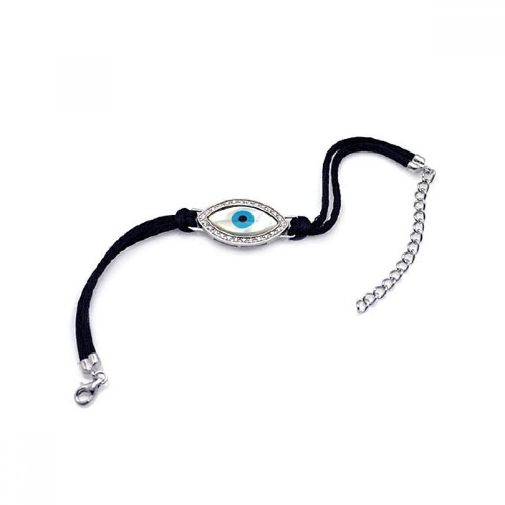Black Cord Bracelet with Sterling Silver Evil Eye Charm Paved with Clear CZ
