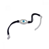 Black Cord Bracelet with Sterling Silver Evil Eye Charm Paved with Clear Simulated Diamonds