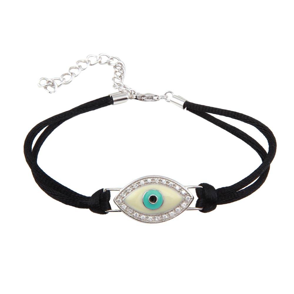 Black Cord Bracelet with Sterling Silver Evil Eye Charm Paved with Clear Simulated Diamonds