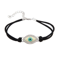 Load image into Gallery viewer, Black Cord Bracelet with Sterling Silver Evil Eye Charm Paved with Clear Simulated Diamonds