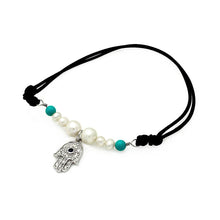 Load image into Gallery viewer, Black Cord Bracelet with Centered Sterlilng Silver Hasma Hand Paved with Clear Simulated Diamonds and Multi Peral Beads On the Side and  Two Turquoise Beads