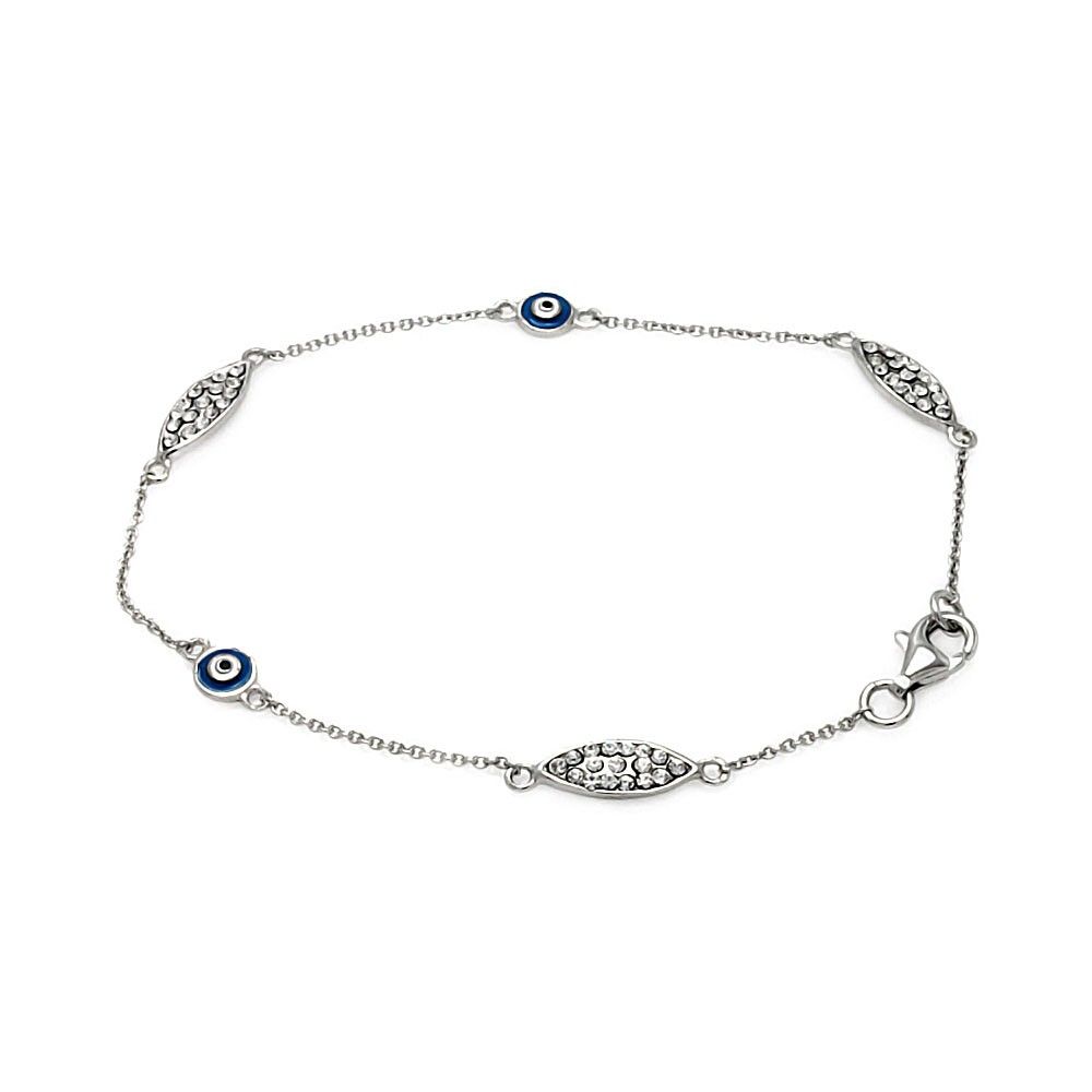 Sterling Silver Bracelet Paved with Clear CZ with Multi Evil Eye Charms