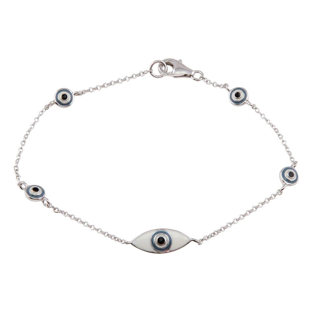Sterling Silver Rhodium Plated Bracelet with Multi Evil Eye Charms