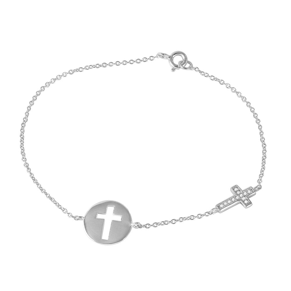Sterling Silver Rhodium Plated Cross And Disc Charm Bracelet