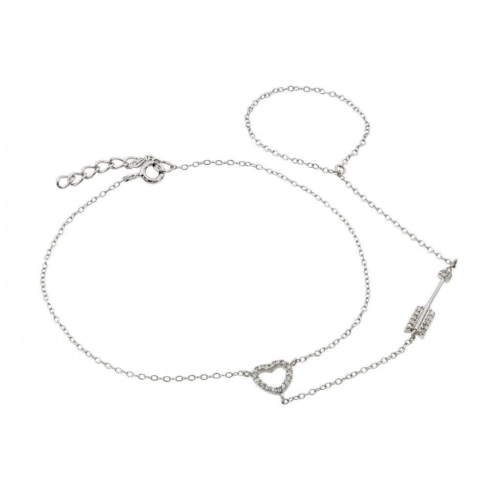 Sterling Silver Rhodium Plated Heart Arrow Clear CZ Bracelet