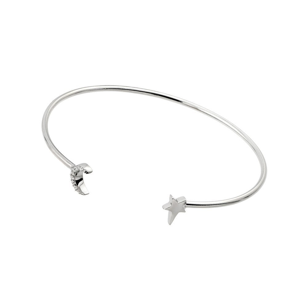 Sterling Silver Rhodium Plated Moon And Star Clear CZ Bracelet