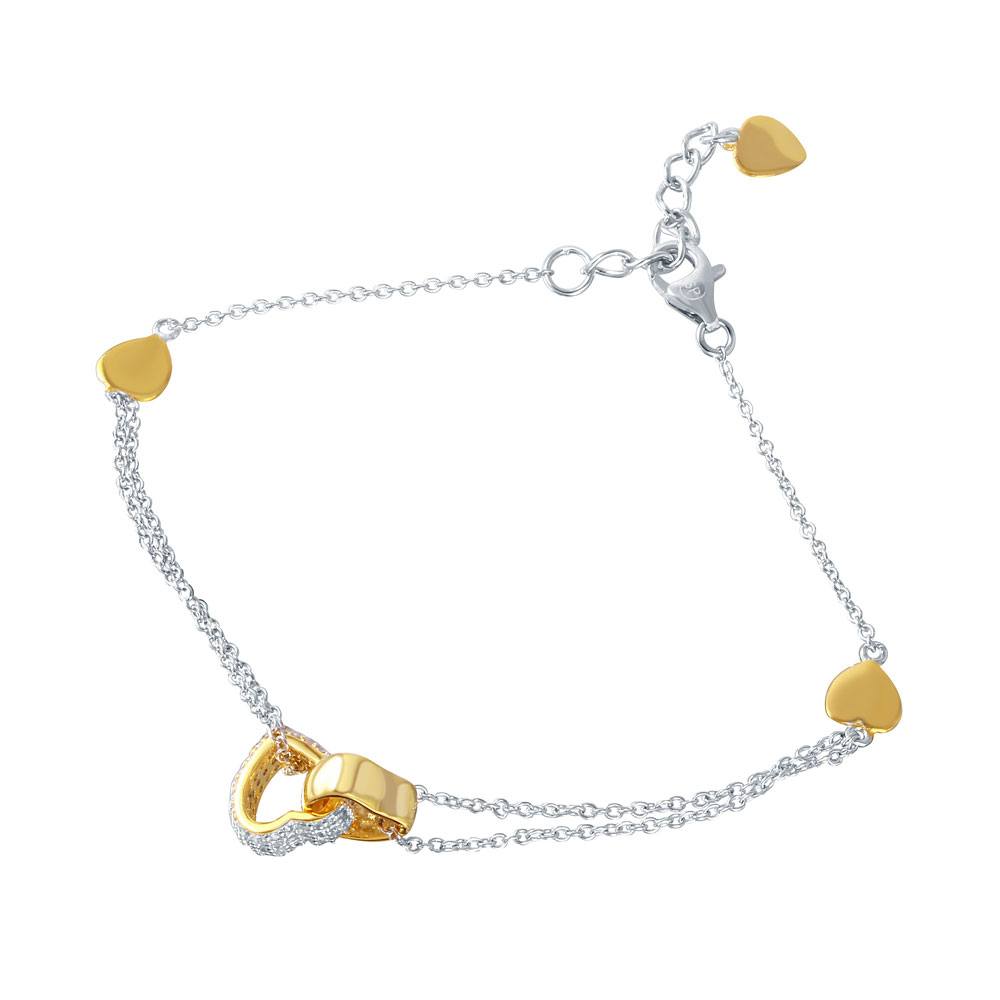 Sterling Silver Rhodium Plated CZ Gold Hearts Charm Bracelet