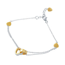 Load image into Gallery viewer, Sterling Silver Rhodium Plated CZ Gold Hearts Charm Bracelet
