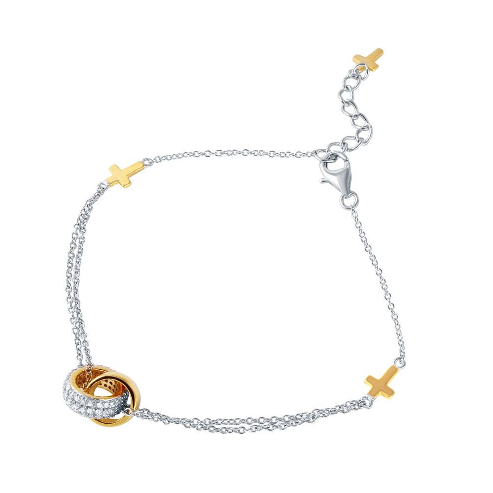Sterling Silver Rhodium Plated CZ Gold Crosses Charm Bracelet