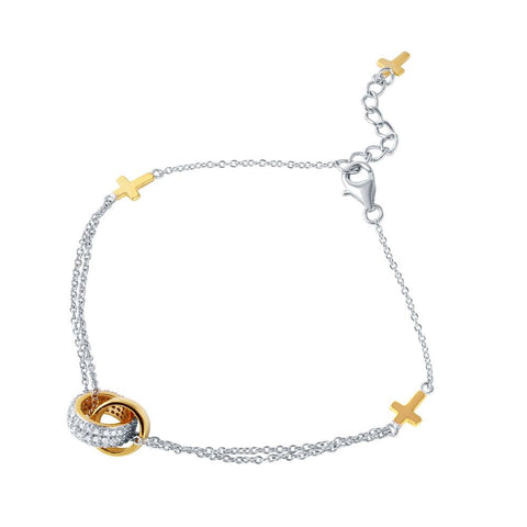 Sterling Silver Rhodium Plated CZ Gold Crosses Charm Bracelet