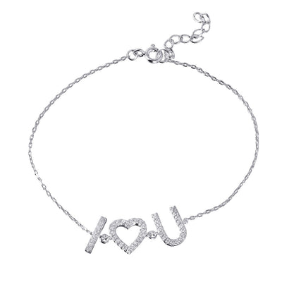 Sterling Silver Rhodium Plated CZ \'I [heart] U\' Bracelet
