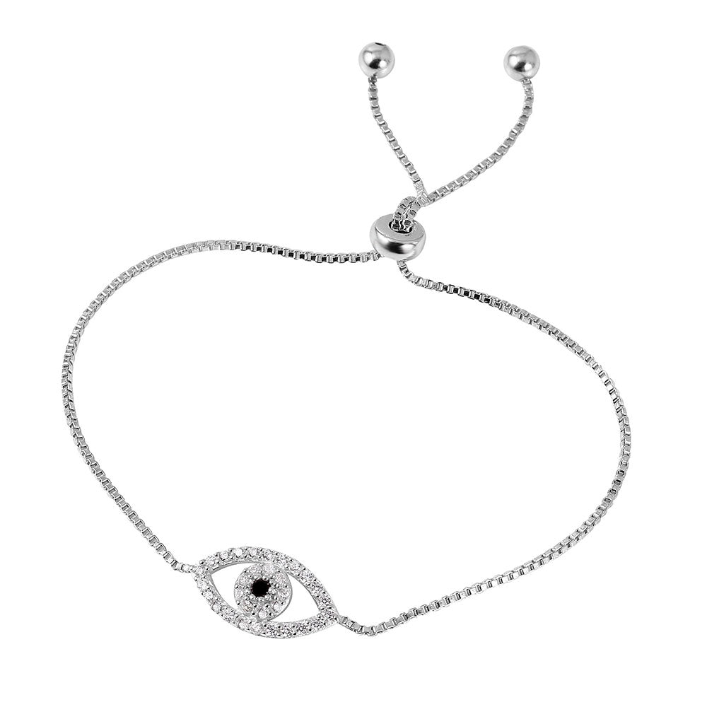 Sterling Silver Rhodium Plated CZ Evil Eye Tassel Bracelet
