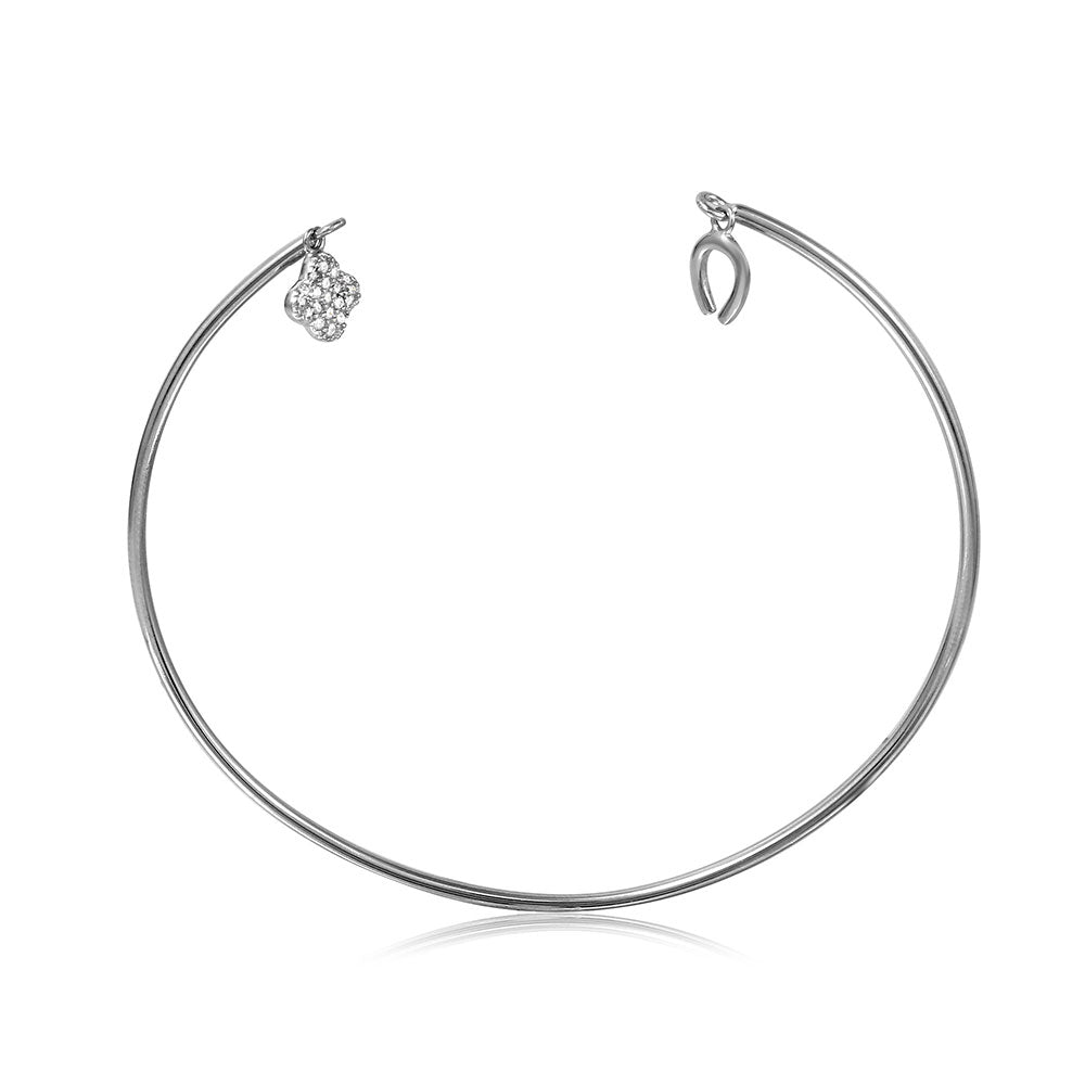 Sterling Silver Rhodium Plated Open Bangle With Hanging CZ Clover And Horse Shoe
