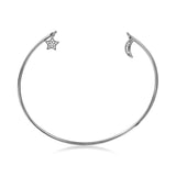 Sterling Silver Rhodium Plated Open Bangle With Hanging CZ Star And Crescent