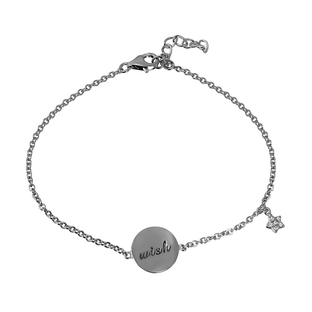 Sterling Silver Rhodium Plated Bracelet With Disc Engraved With And Dangle CZ Star