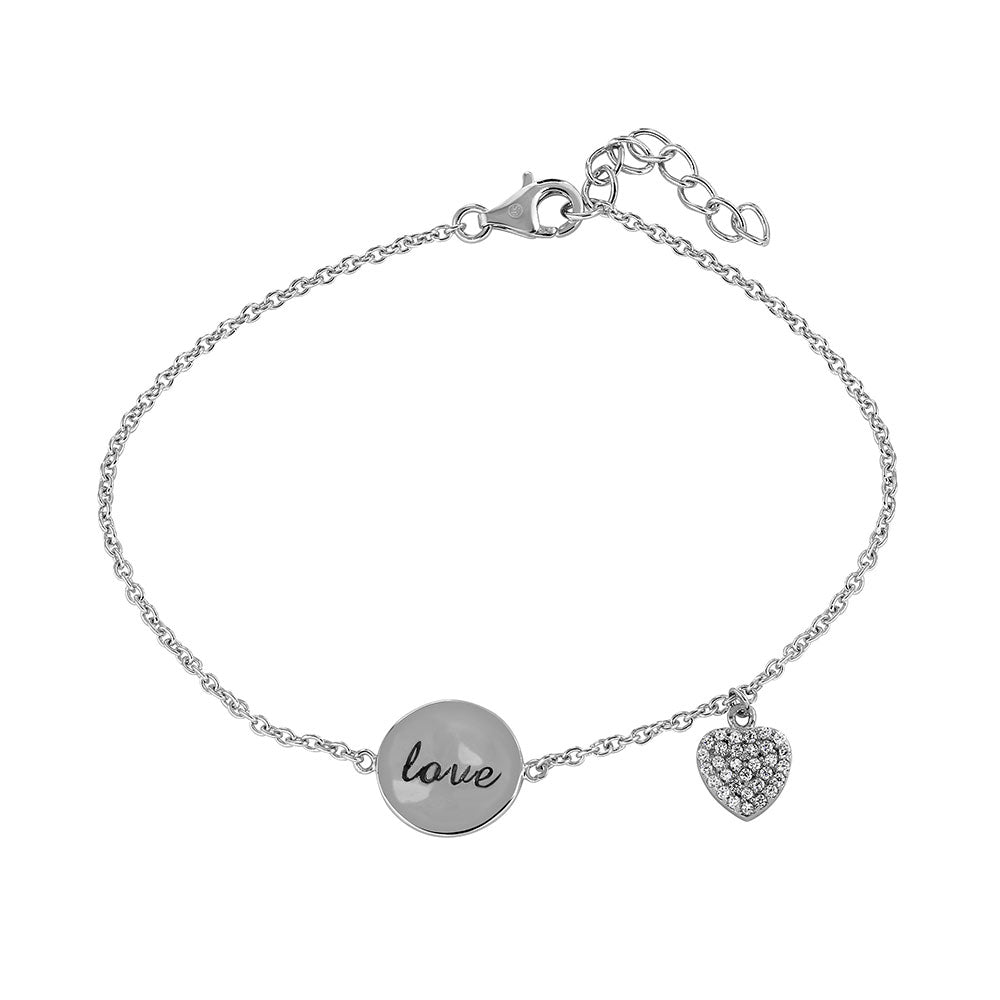 Sterling Silver Rhodium Plated Love and Heart with CZ Bracelet