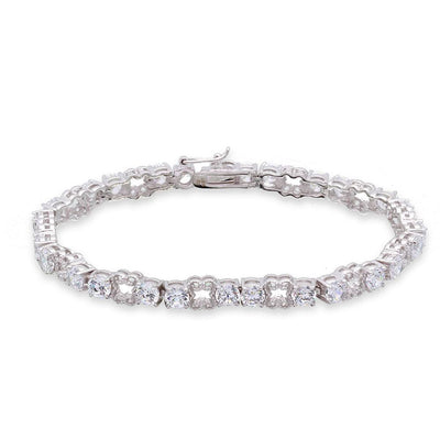 Sterling Silver Rhodium Plated Round CZ Alternating Tennis Bracelet