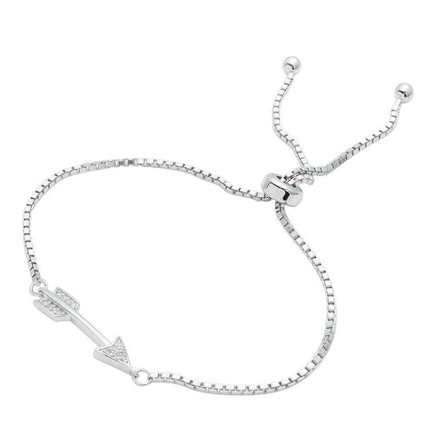 Sterling Silver Rhodium Plated CZ Arrow Lariat Bracelet