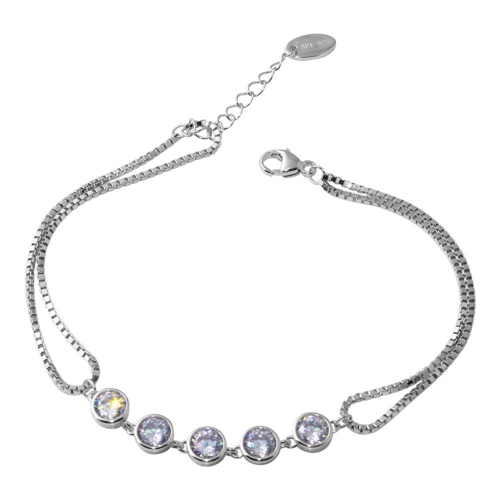 Sterling Silver Rhodium Plated Double Strand Box Bracelet with Round CZ