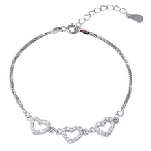 Load image into Gallery viewer, Sterling Silver Rhodium Plated Double Strand Box Bracelet with 3 CZ Hearts