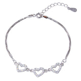 Sterling Silver Rhodium Plated Double Strand Box Bracelet with 3 CZ Hearts
