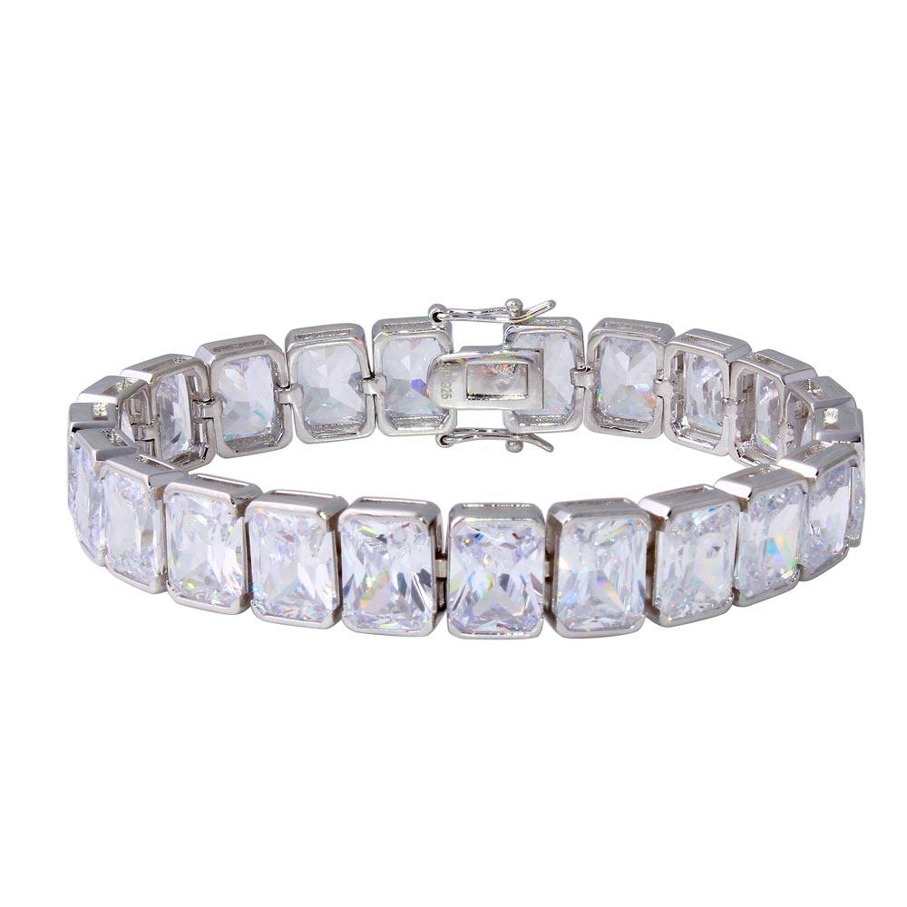 Sterling Silver Rhodium Plated Rectangle Cushion CZ Tennis Bracelet