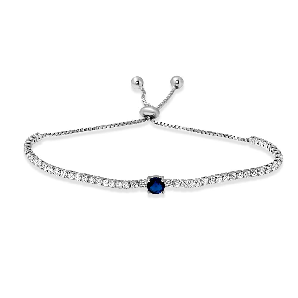 Sterling Silver Rhodium Plated Round Blue and Clear CZ Lariat Bracelet
