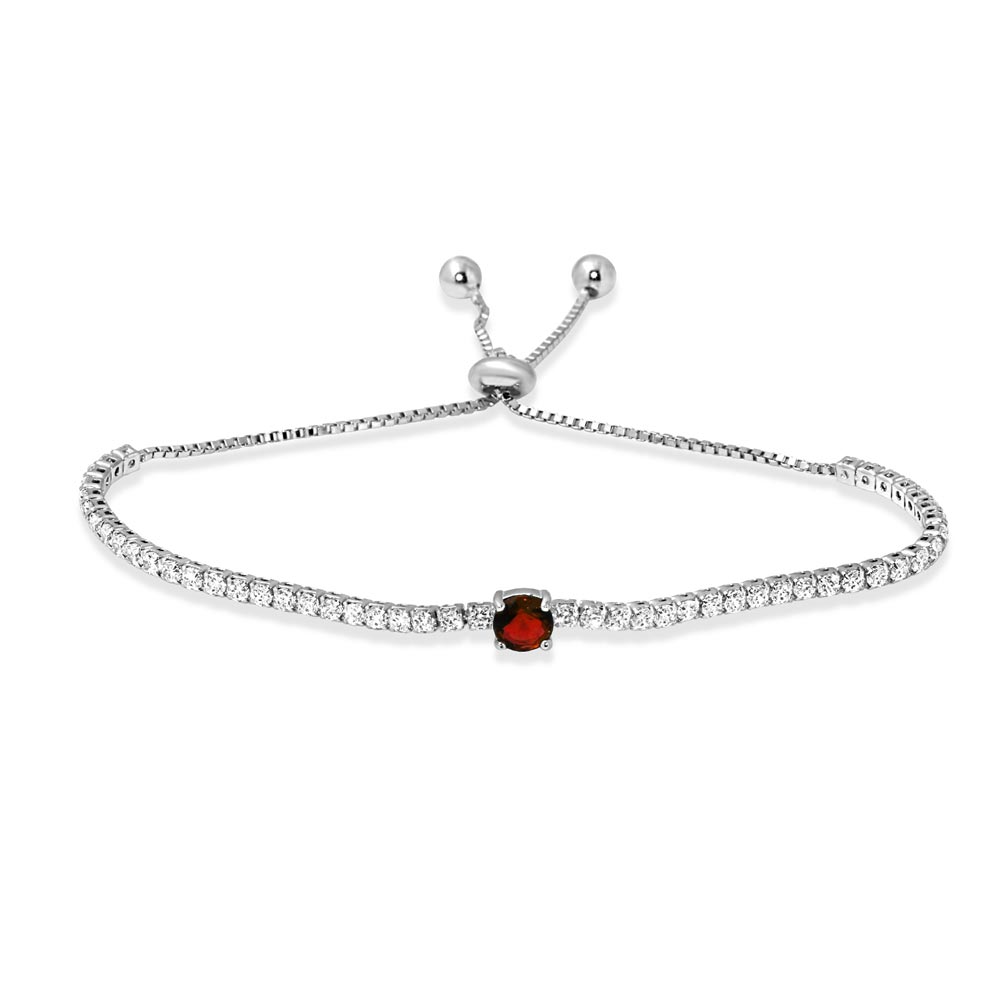 Sterling Silver Rhodium Plated Round Red and Clear CZ Lariat Bracelet
