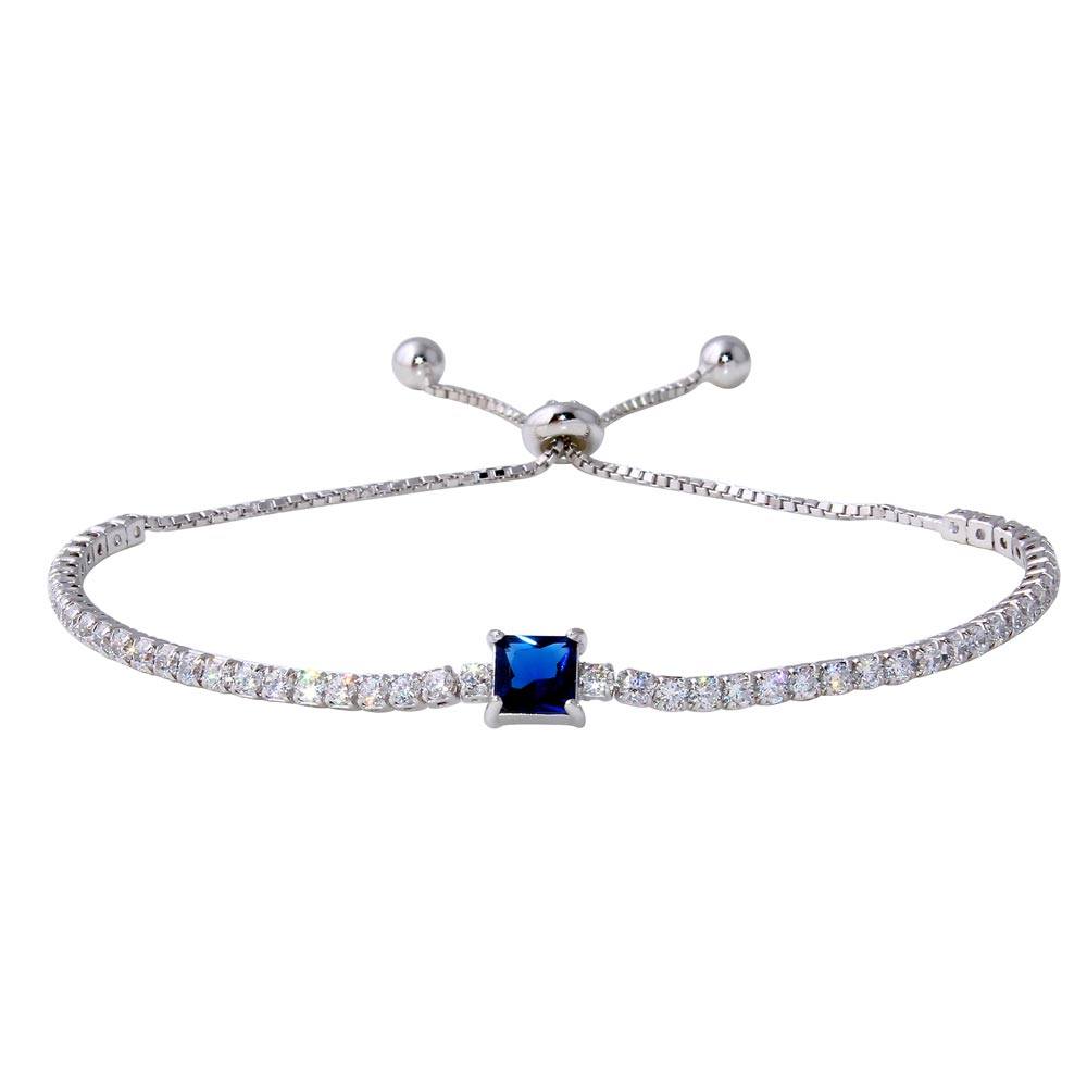 Sterling Silver Rhodium Plated Round CZ Lariat Bracelet with Blue CZ Square Center