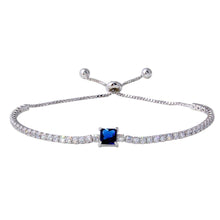 Load image into Gallery viewer, Sterling Silver Rhodium Plated Round CZ Lariat Bracelet with Blue CZ Square Center