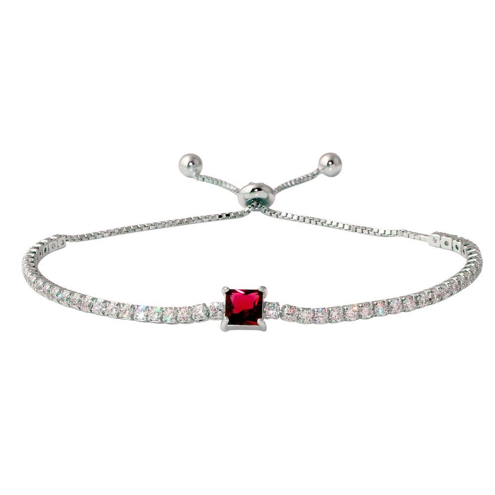 Sterling Silver Rhodium Plated Round CZ Lariat Bracelet with Red CZ Square Center