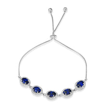 Load image into Gallery viewer, Sterling Silver Rhodium Plated 5 Micro Pave Blue Oval and Clear Round CZ Lariat Bracelet