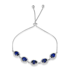 Sterling Silver Rhodium Plated 5 Micro Pave Blue Oval and Clear Round CZ Lariat Bracelet