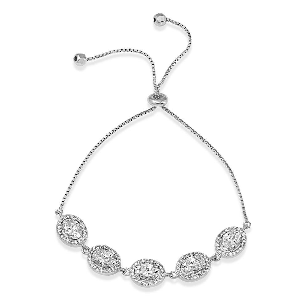 Sterling Silver Rhodium Plated 5 Micro Pave Clear Oval and Clear Round CZ Lariat Bracelet