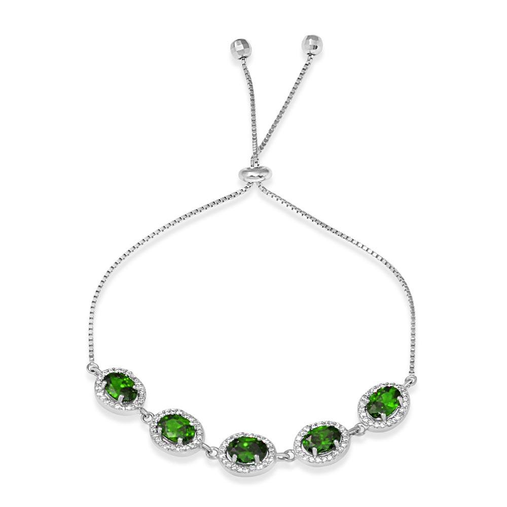 Sterling Silver Rhodium Plated 5 Micro Pave Green Oval and Clear Round CZ Lariat Bracelet
