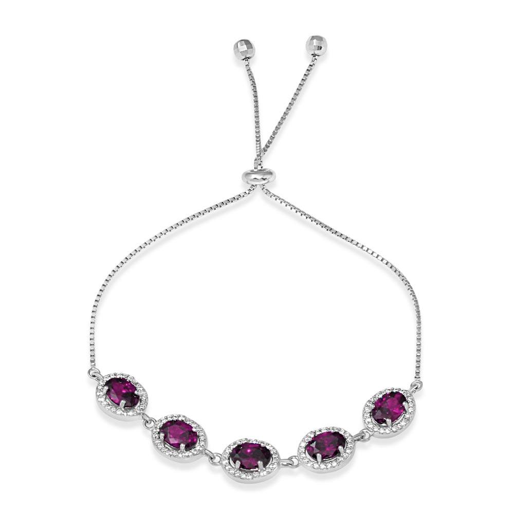Sterling Silver Rhodium Plated 5 Micro Pave Purple Oval and Clear Round CZ Lariat Bracelet