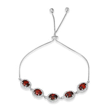 Load image into Gallery viewer, Sterling Silver Rhodium Plated 5 Micro Pave Red Oval and Clear Round CZ Lariat Bracelet