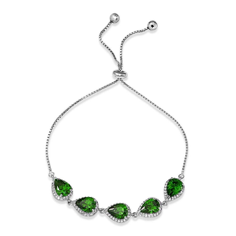 Sterling Silver Rhodium Plated 5 Micro Pave Green Pear and Clear Round CZ Lariat Bracelet - STB00549GRN