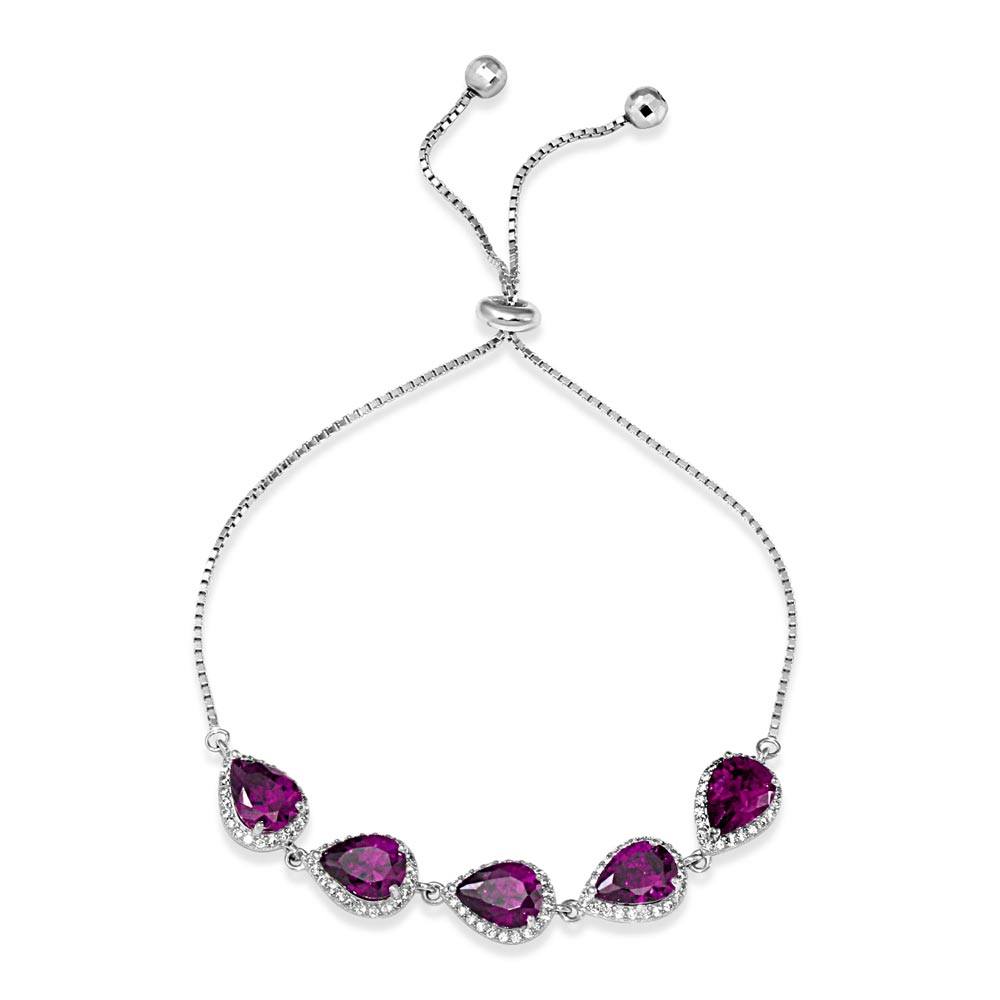 Sterling Silver Rhodium Plated 5 Micro Pave Purple Pear and Clear Round CZ Lariat Bracelet