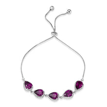 Load image into Gallery viewer, Sterling Silver Rhodium Plated 5 Micro Pave Purple Pear and Clear Round CZ Lariat Bracelet