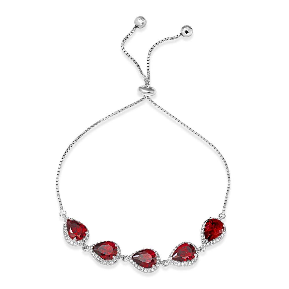 Sterling Silver Rhodium Plated 5 Micro Pave Red Pear and Clear Round CZ Lariat Bracelet