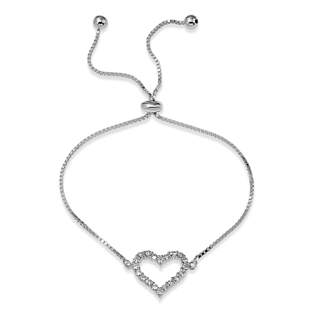 Sterling Silver Rhodium Plated Open Heart CZ Lariat Bracelet