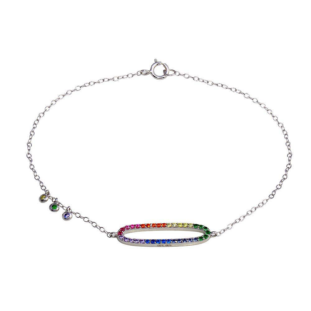 Sterling Silver Rhodium Plated Multi Color CZ Open Oval Bracelet