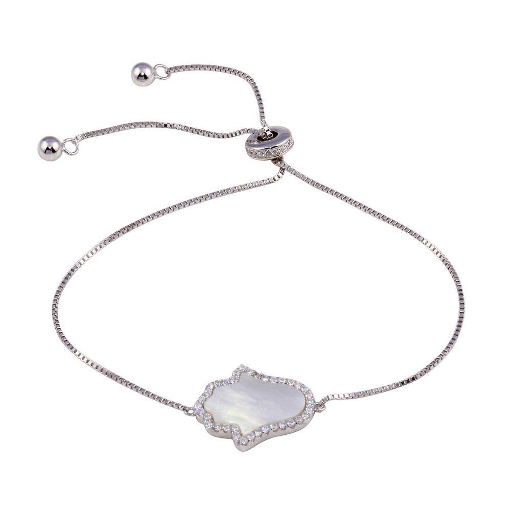 Sterling Silver Rhodium Plated Lariat Side Way Mother of Pearl Hamsa CZ Bracelet - silverdepot